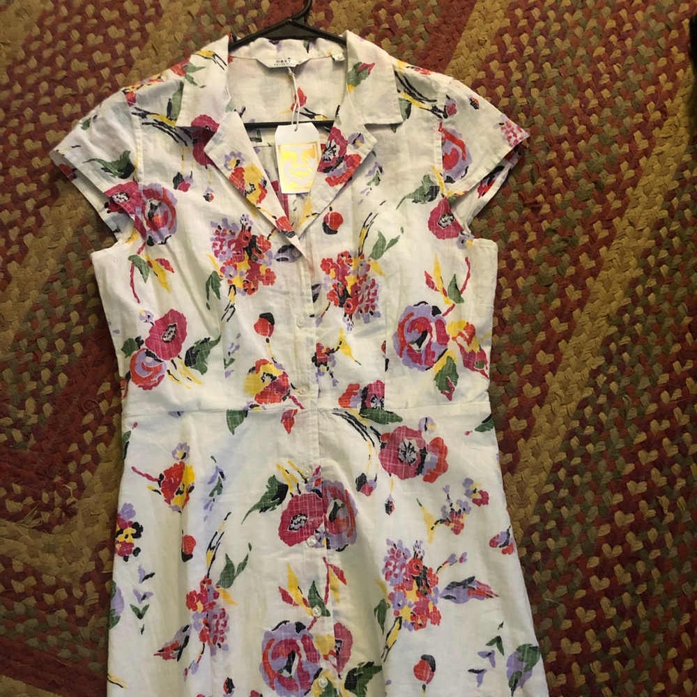 “Obey” floral cotton linen dress